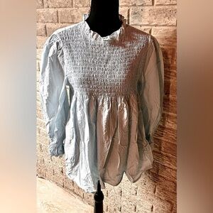 Light Blue Baby Doll blouse Smocked Ruffled Dotted Size XL princess feminine